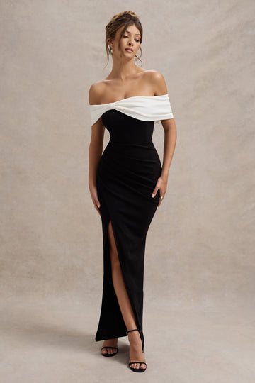 Luna Bardot Bow Thigh Split Maxi Dress