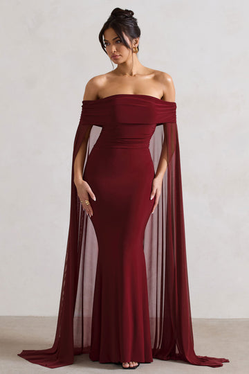 Aurelia Bardot Chiffon Cape Maxi Dress