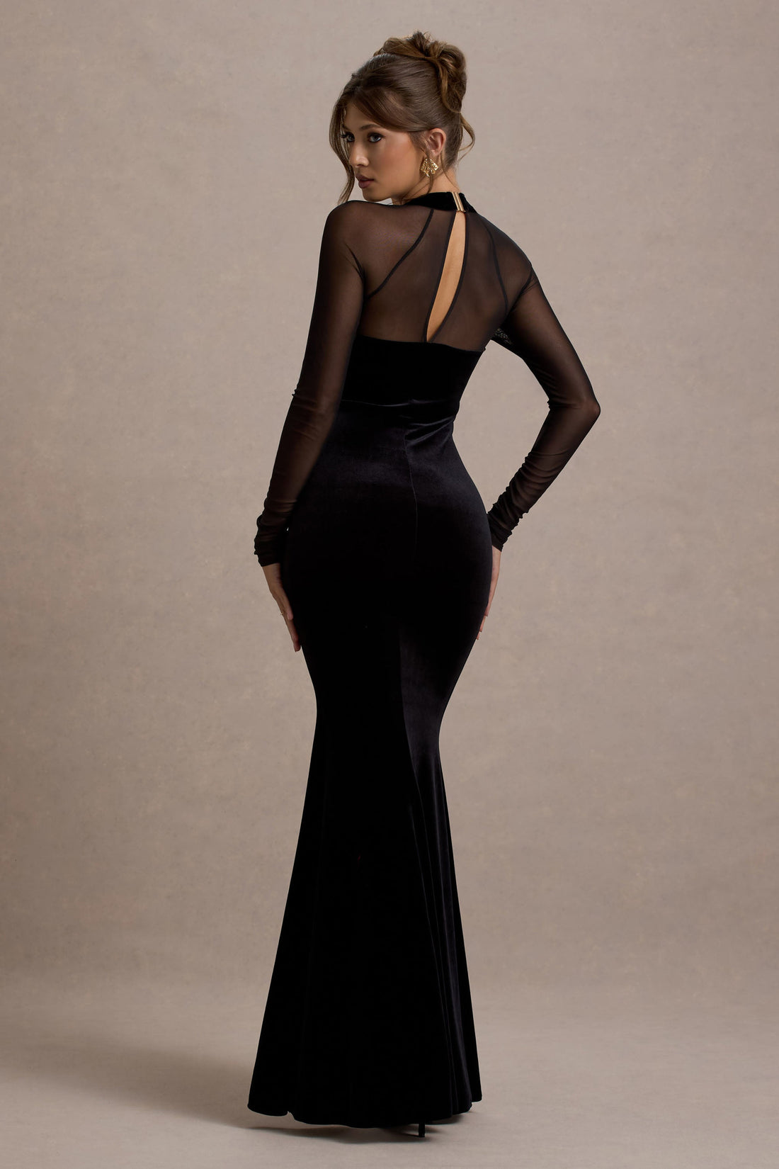 Valeria Velvet Sheer Sleeve Split Maxi Dress