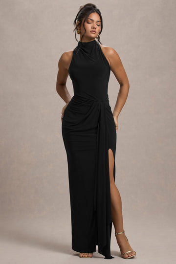 Naya Black High Neck Twisted Drape Maxi Dress