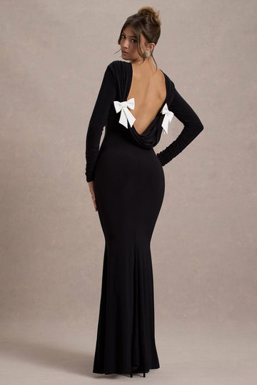 Elara Black Long Sleeve Cowl Back Maxi Dress with Bows
