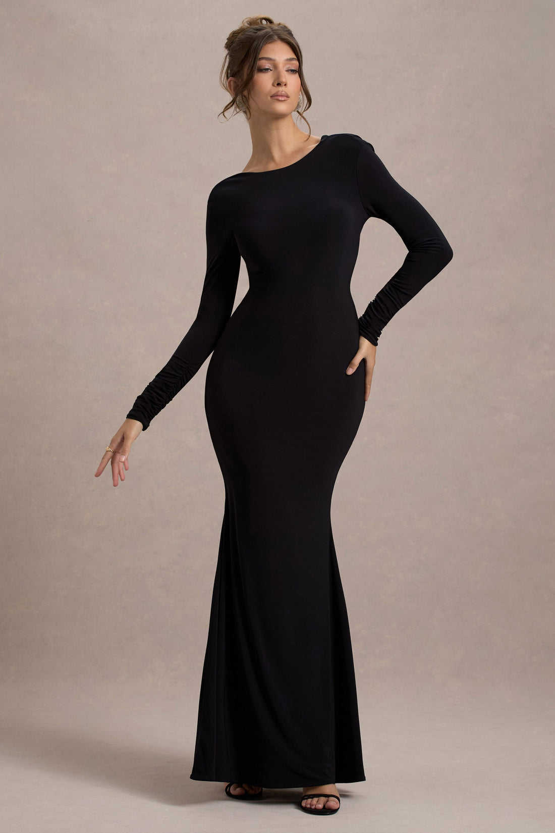 Elara Black Long Sleeve Cowl Back Maxi Dress with Bows