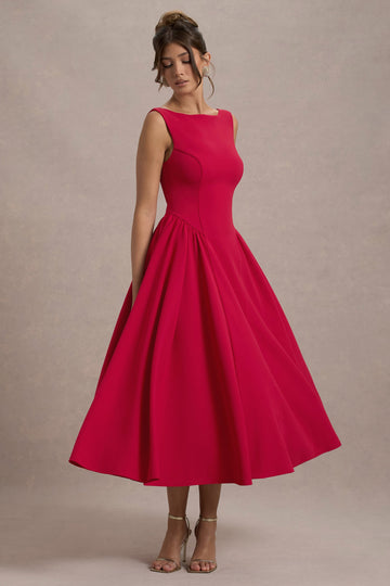 Elodie Boat Neck Volume Hem Midi Dress